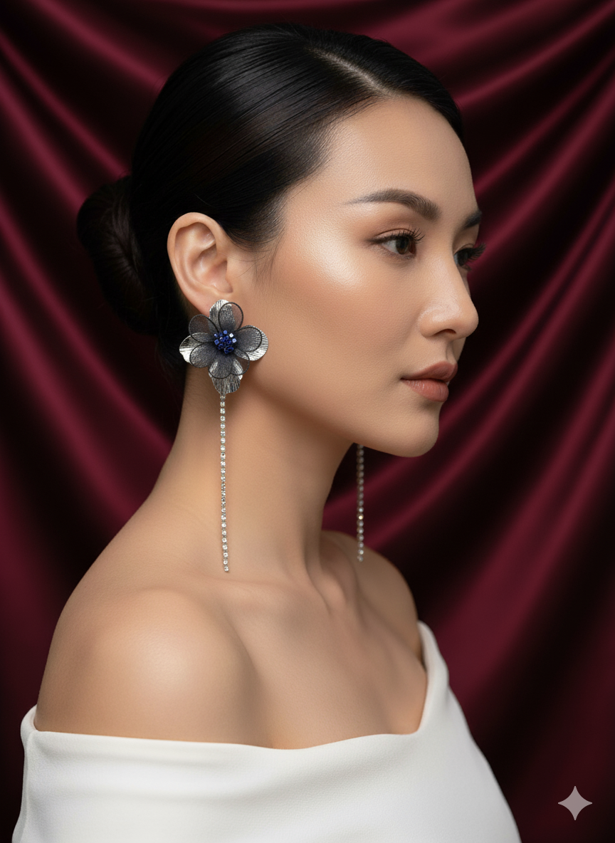 Black Floral Mesh Drop Earrings