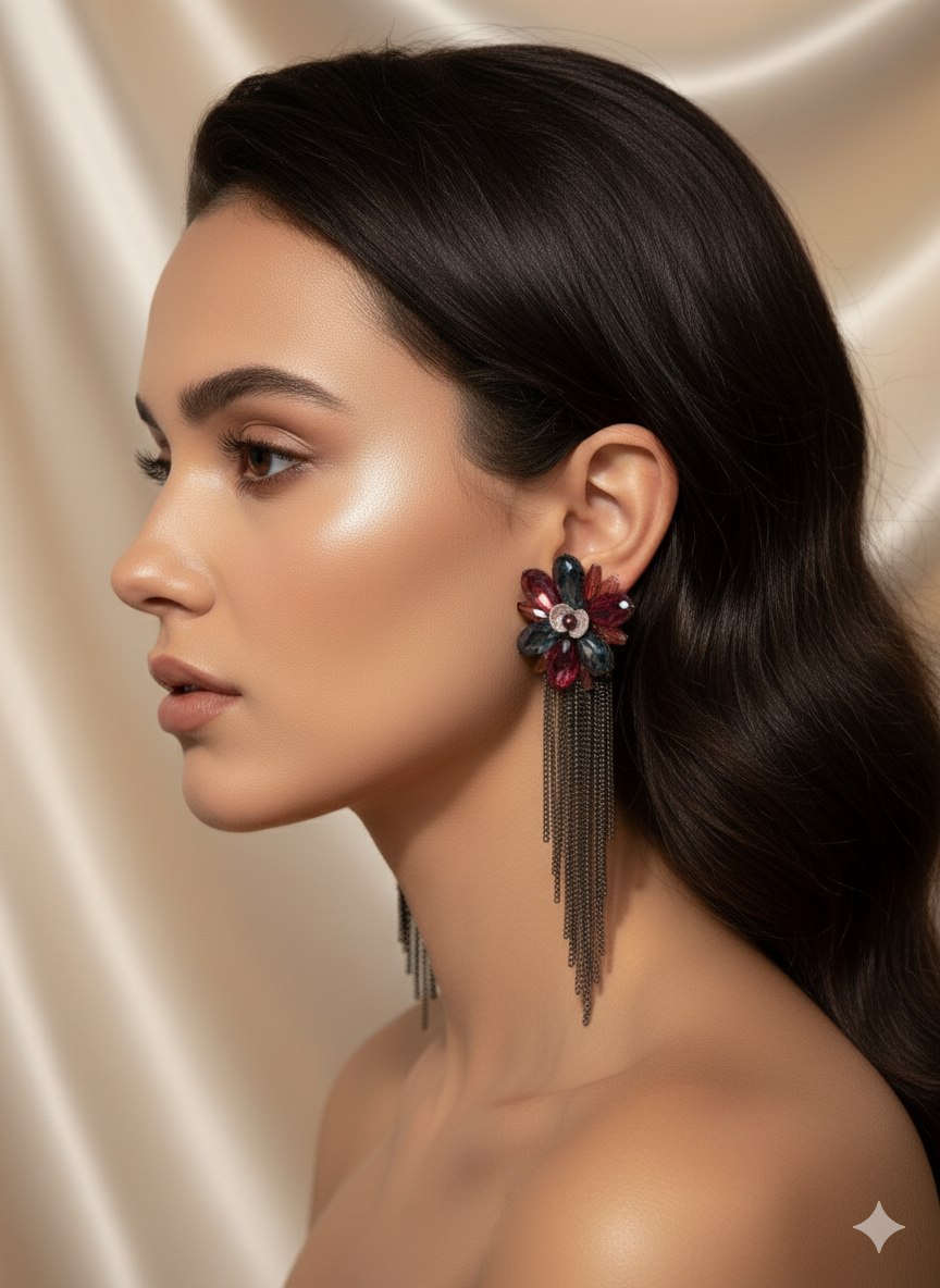 Midnight Red Floral Tassel Earrings