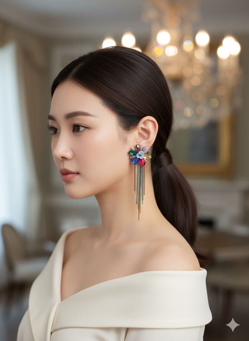 Colorful Floral Tassel Statement Earrings