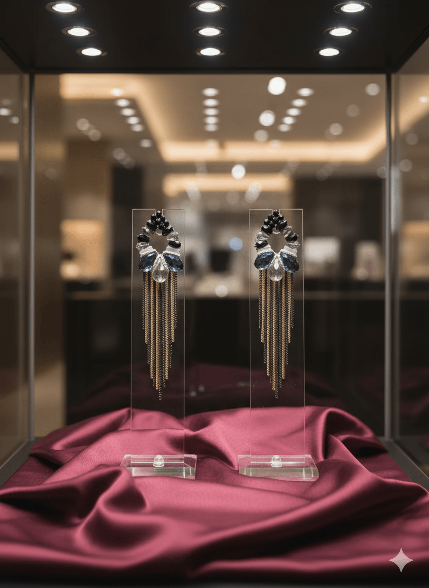 Black and Silver Floral Earrings with Elegant Chain Tassels - MODA ACCESSORIES