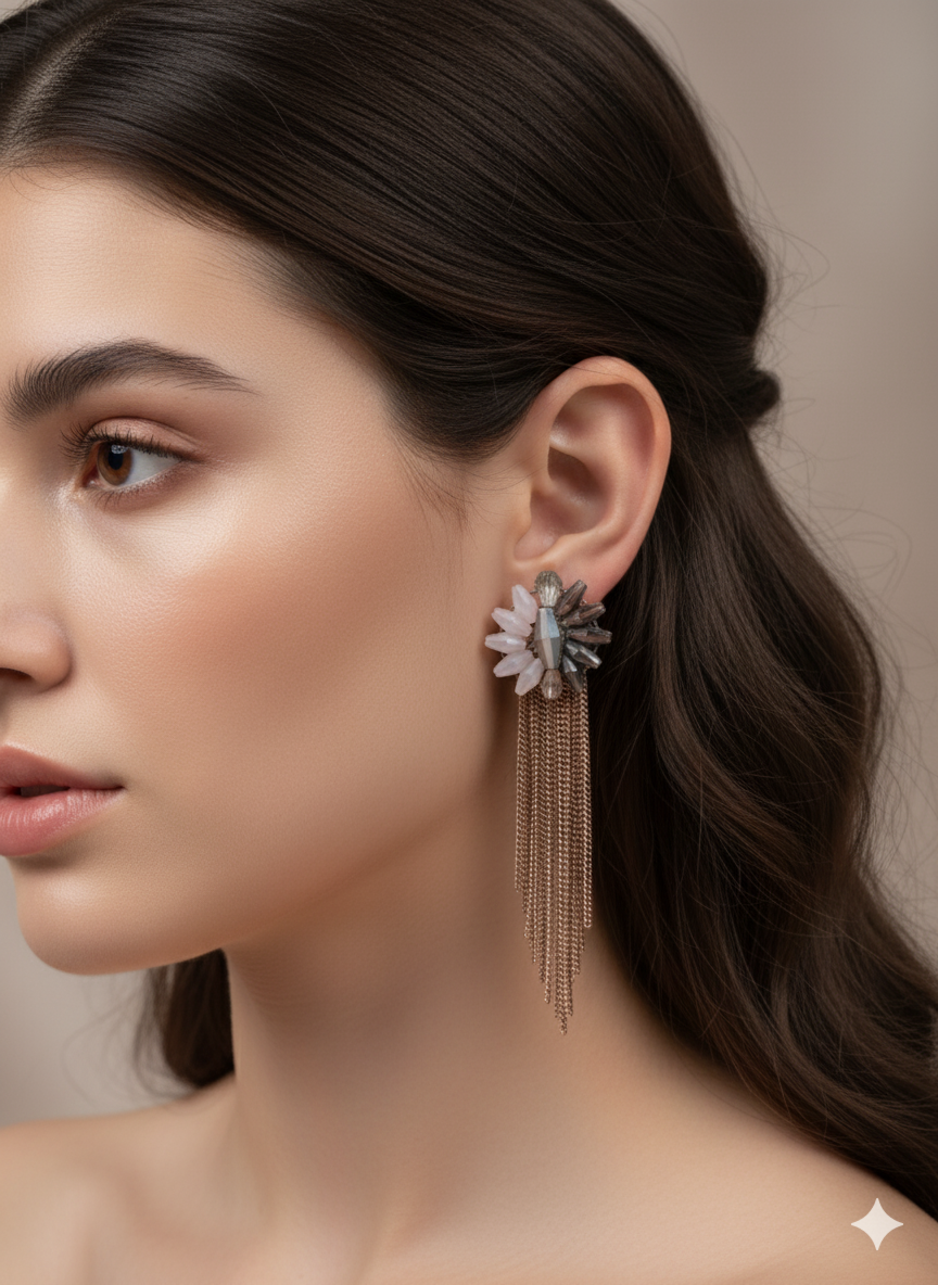 Rose Gold Crystal Tassel Statement Earrings