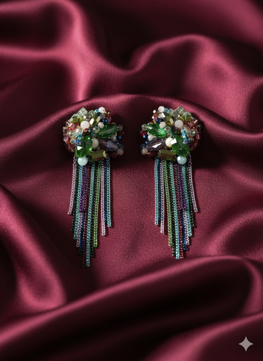 Multicolor Beaded Tassel Statement Earrings