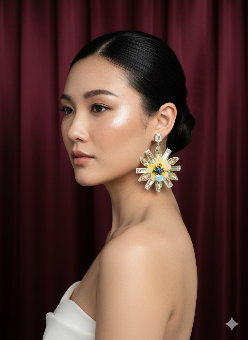 Golden Crystal Blossom Statement Earrings