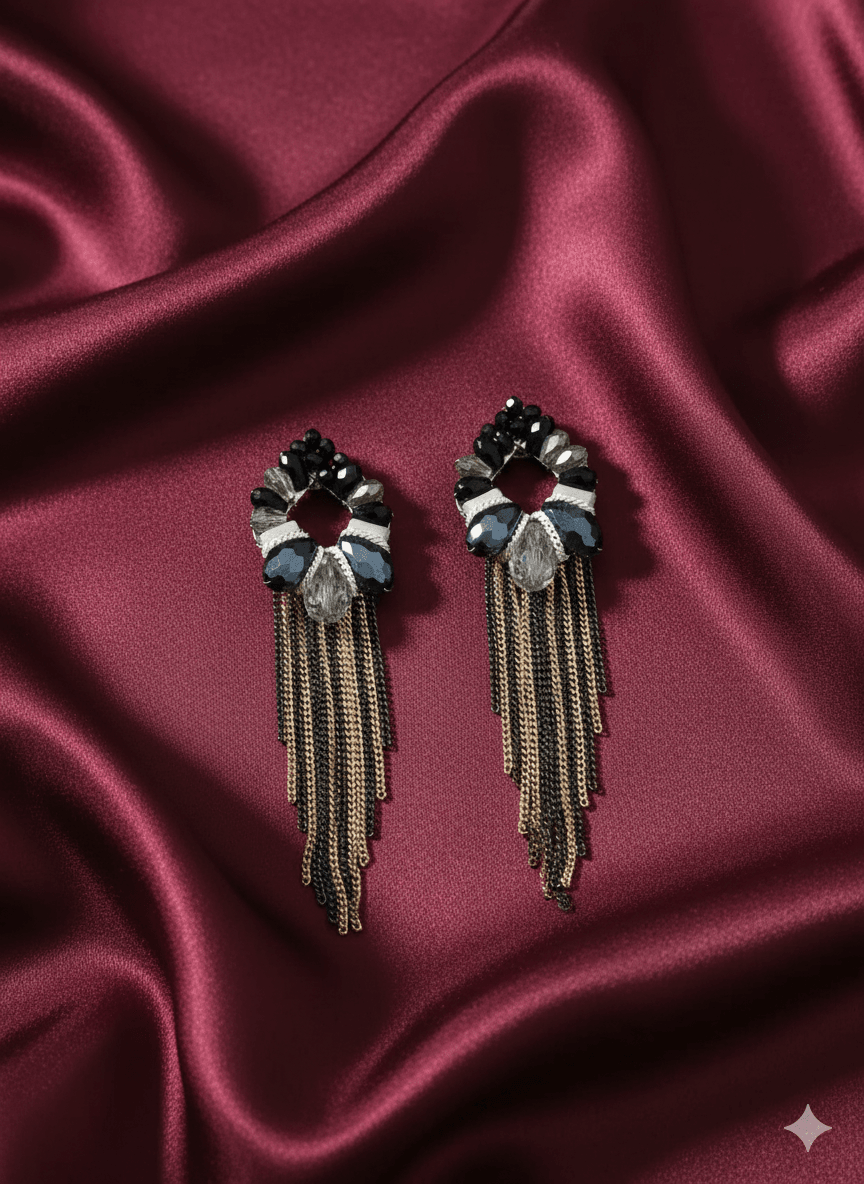 Black and Silver Floral Earrings with Elegant Chain Tassels - MODA ACCESSORIES