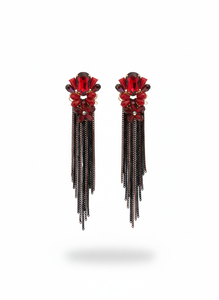 Red Crystal Tassel Statement Earrings