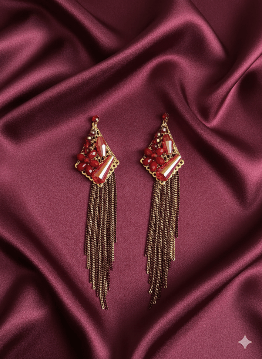 Red Floral Earrings with Geometric Design and Tassel Chains - MODA ACCESSORIES