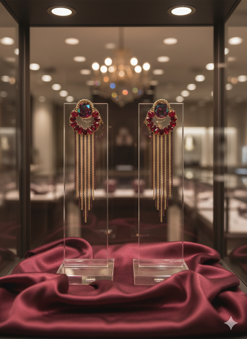 Burgundy Crystal Tassel Statement Earrings