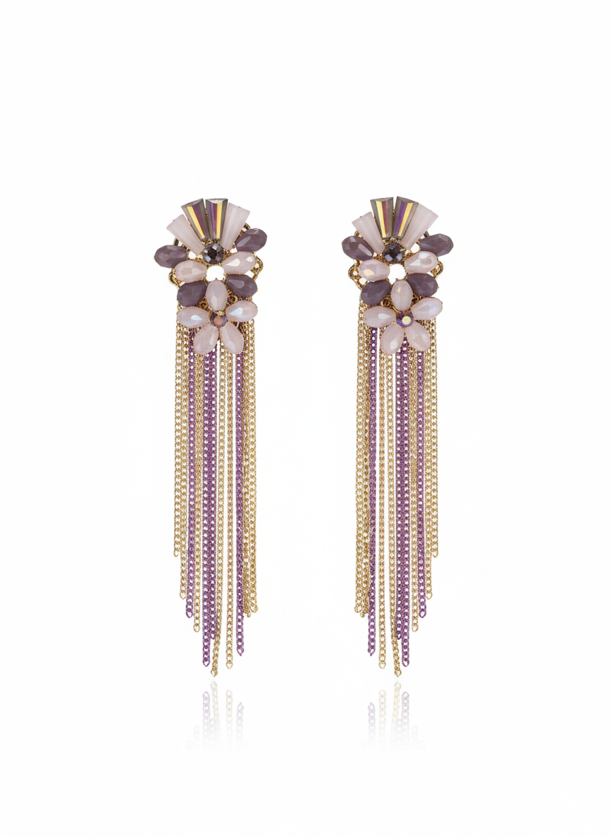 Purple & Gold Crystal Tassel Statement Earrings