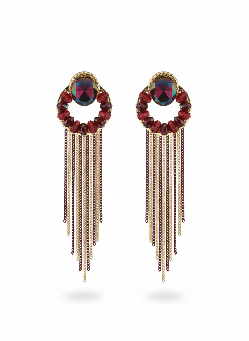 Burgundy Crystal Tassel Statement Earrings