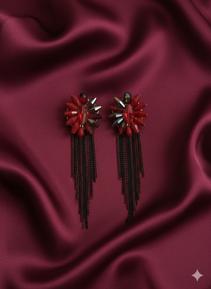 Red Gold Crystal Tassel Earrings – Handmade Statement Dangle Earrings for Women