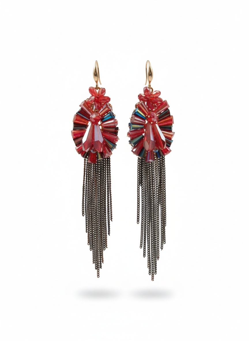 Red Crystal Oval Tassel Earrings