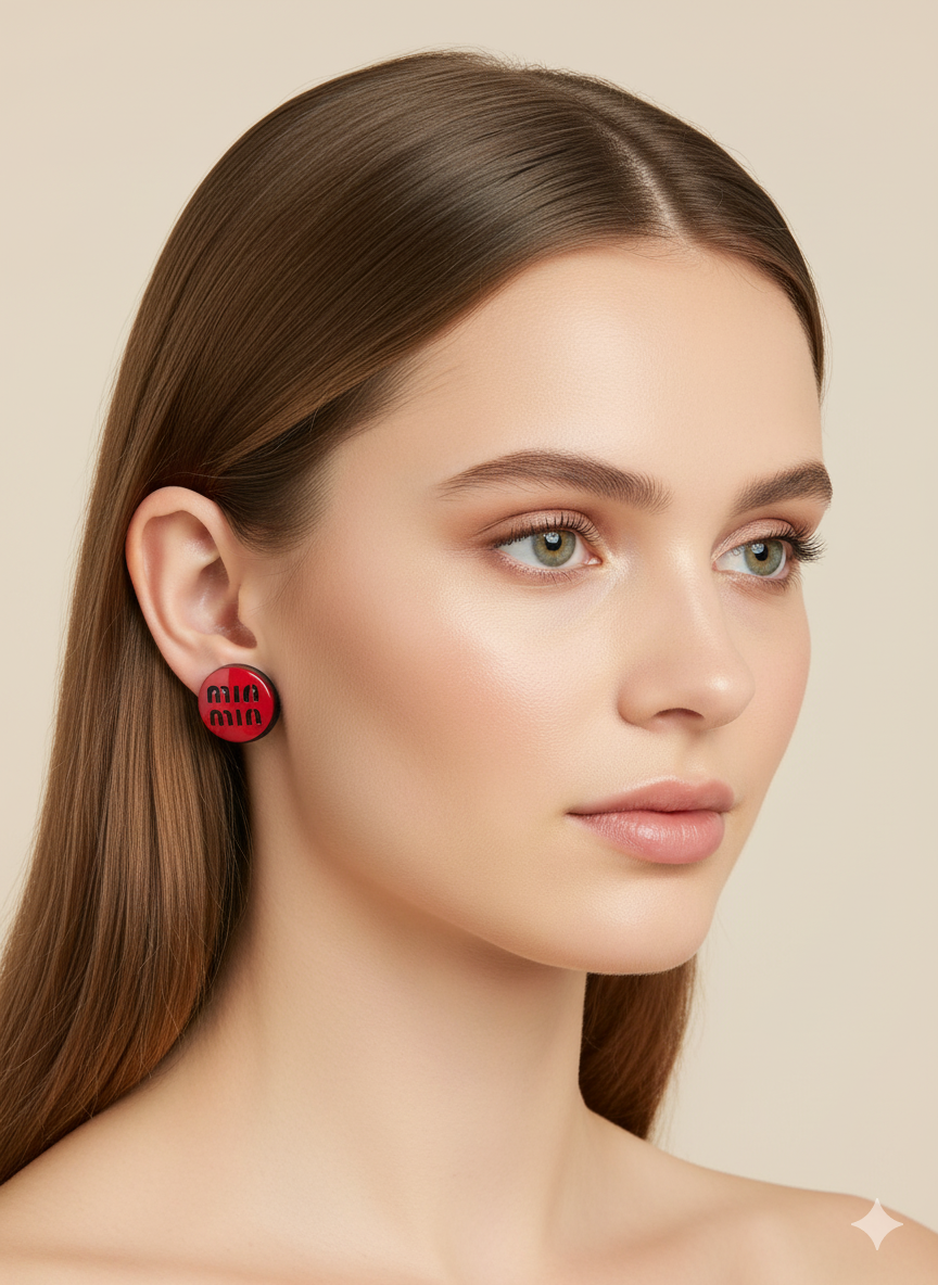 Minimalist Round Logo Stud Earrings β Black or Red