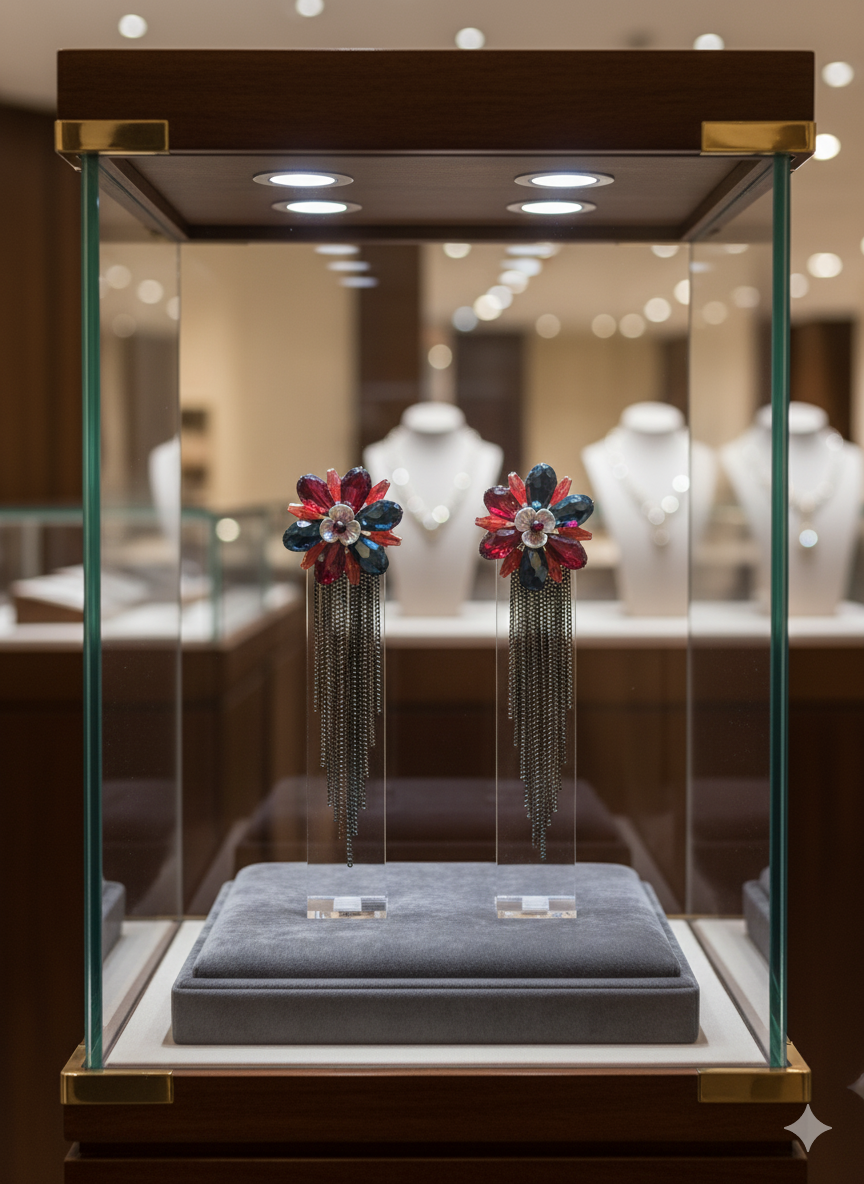 Midnight Red Floral Tassel Earrings