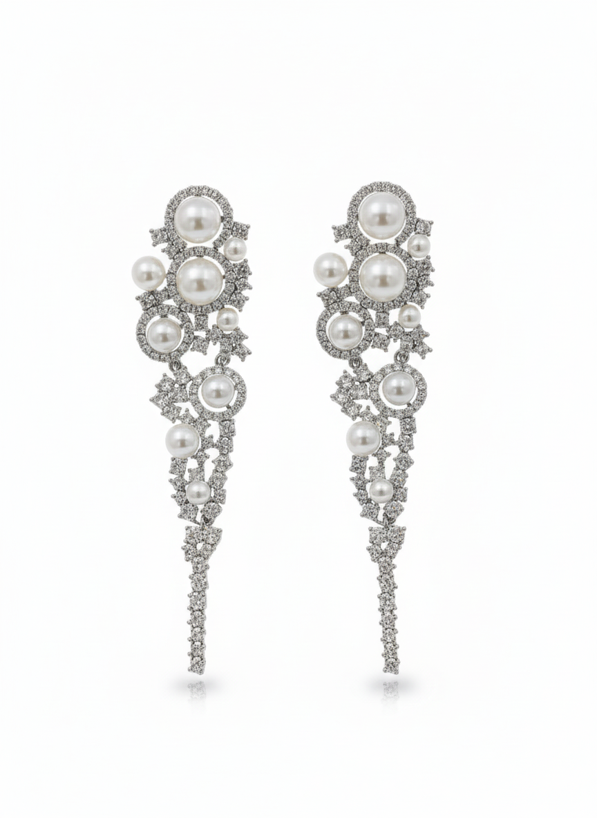 Silver Pearl & Crystal Long Drop Earrings – MODA Accessories