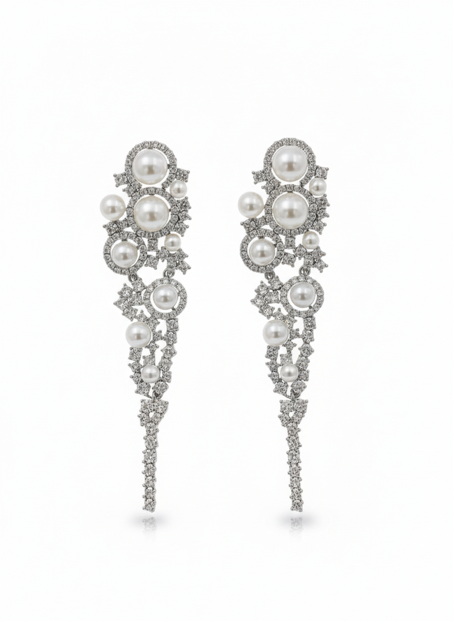 Silver Pearl & Crystal Long Drop Earrings – MODA Accessories
