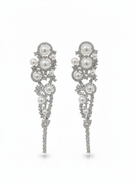 Silver Pearl & Crystal Long Drop Earrings – MODA Accessories