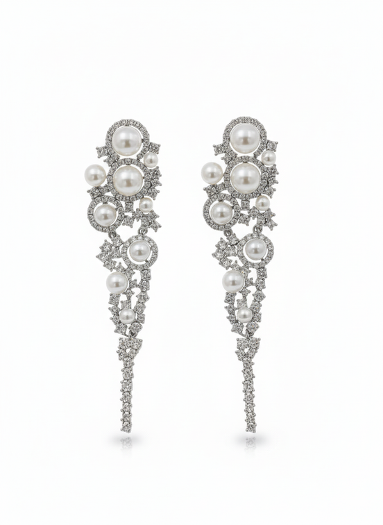 Silver Pearl & Crystal Long Drop Earrings – MODA Accessories