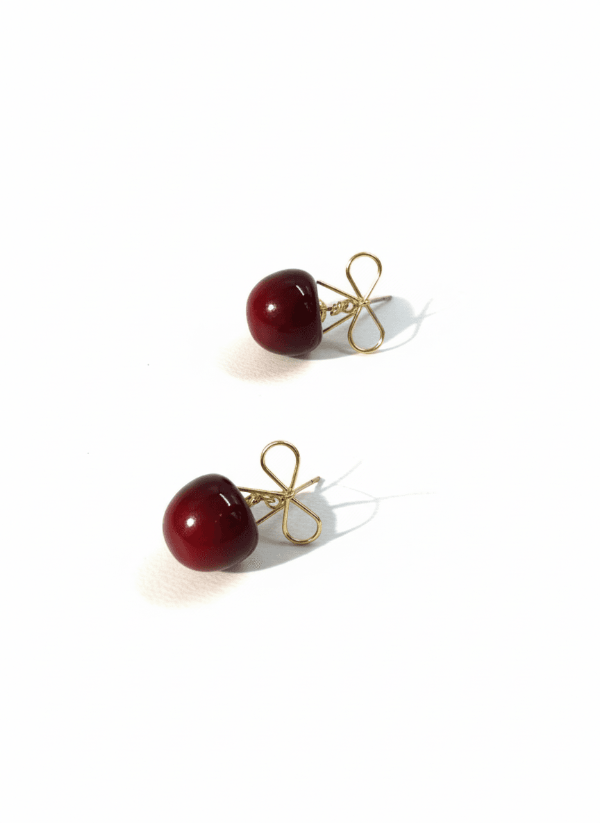 Cherry Drop Earrings with Gold-Tone Bow Accent - MODA ACCESSORIES
