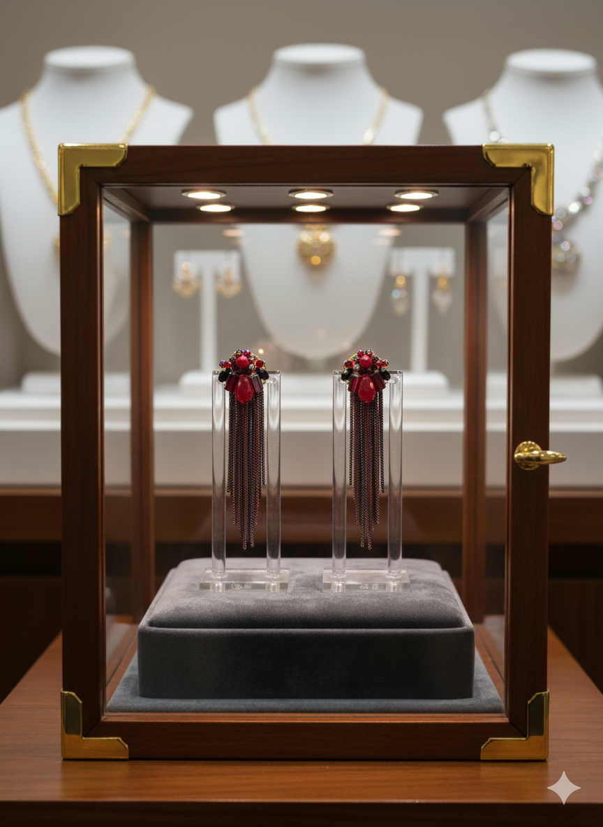 Red & Black Crystal Tassel Statement Earrings