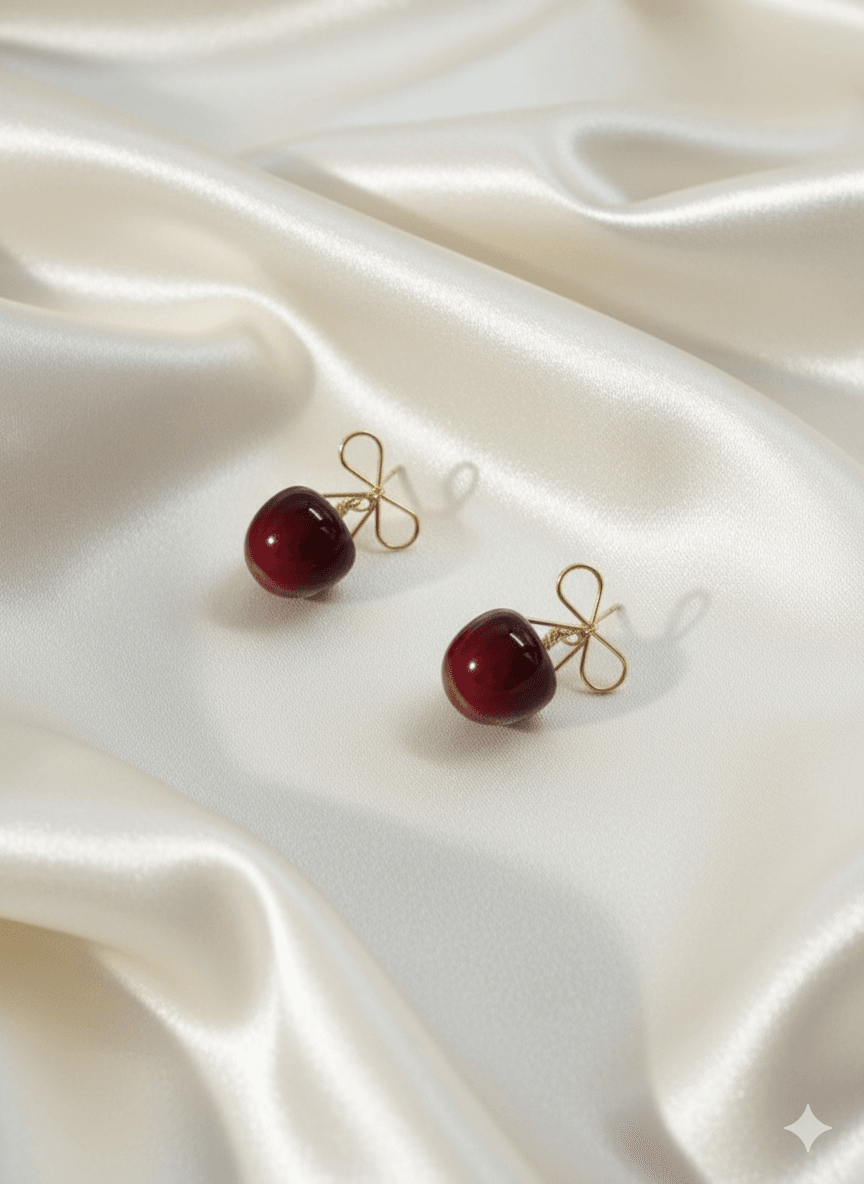 Cherry Drop Earrings with Gold-Tone Bow Accent - MODA ACCESSORIES