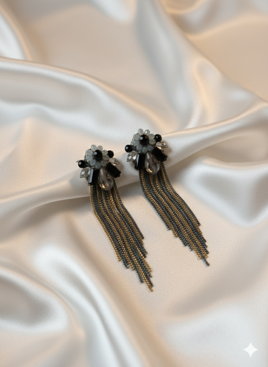 Elegant Black & Gold Floral Tassel Earrings