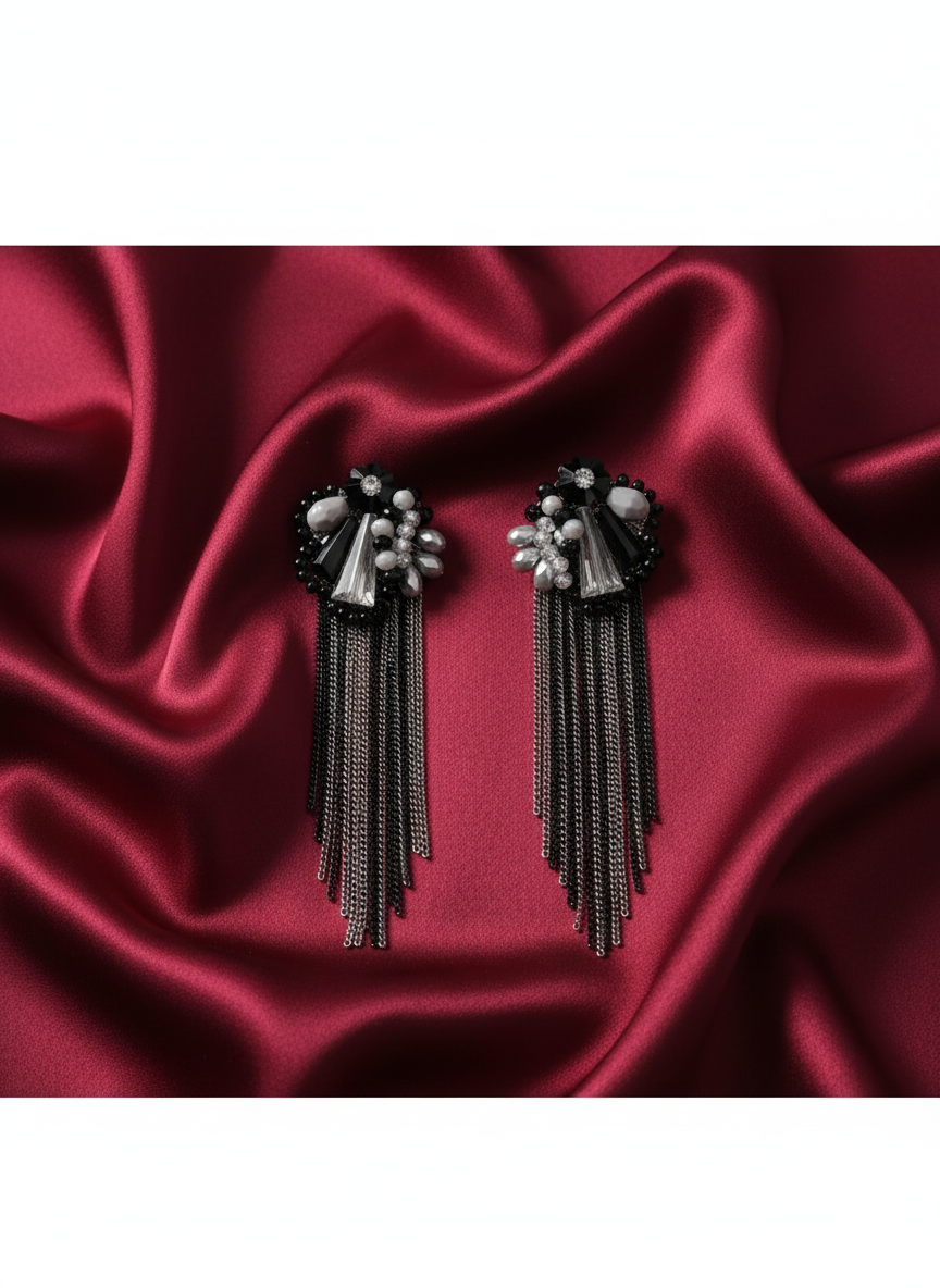 Black & Silver Crystal Tassel Statement Earrings