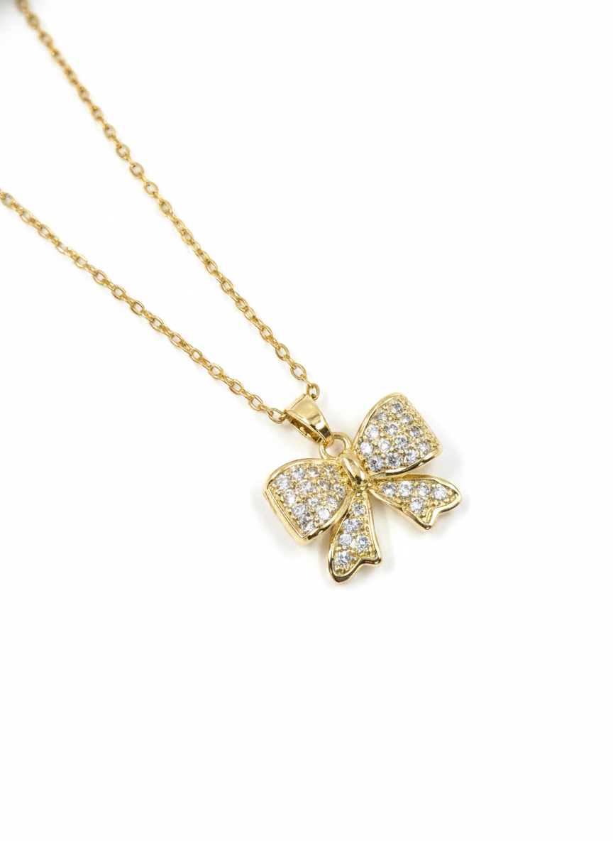 Gold Bow Necklace – Stainless Steel with Crystals | MODA Accessories