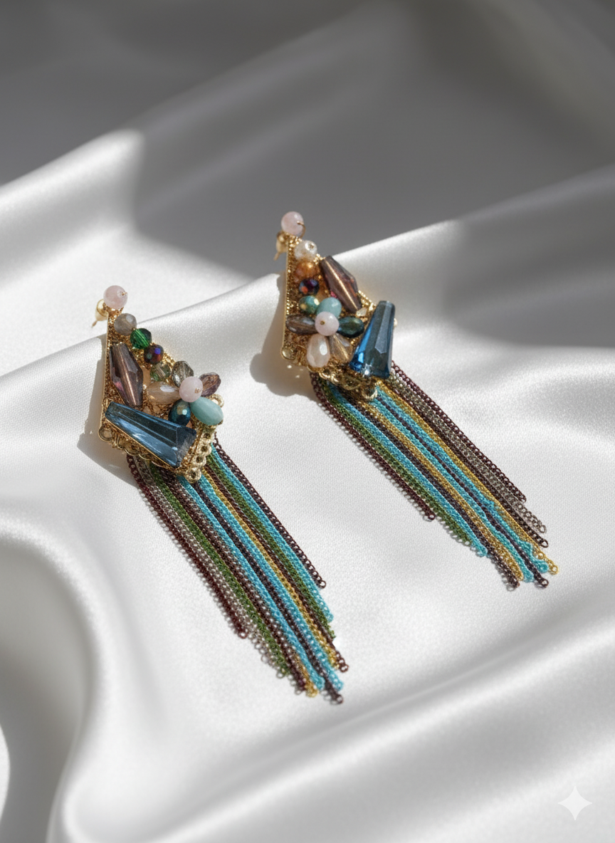 Geometric Multicolor Beaded Tassel Earrings