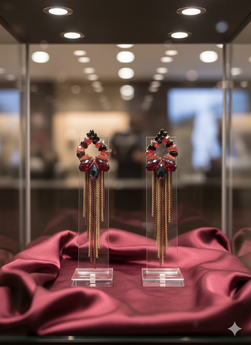 Red & Black Crystal Tassel Statement Earrings