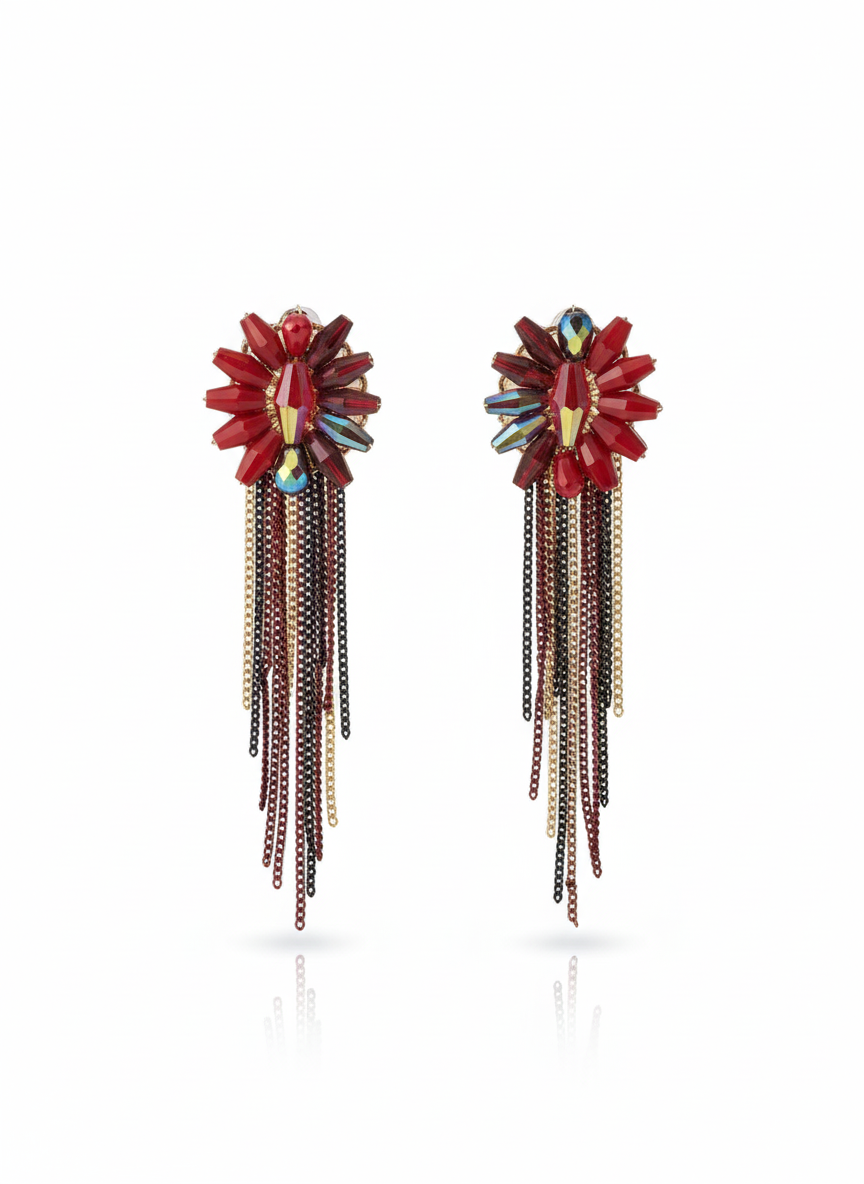 Red Gold Crystal Tassel Earrings – Handmade Statement Dangle Earrings for Women