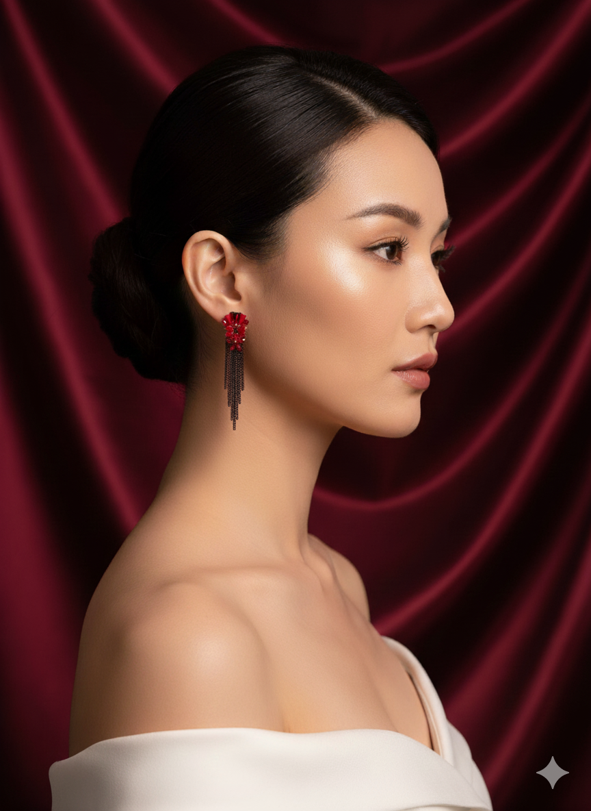 Red Crystal Tassel Statement Earrings