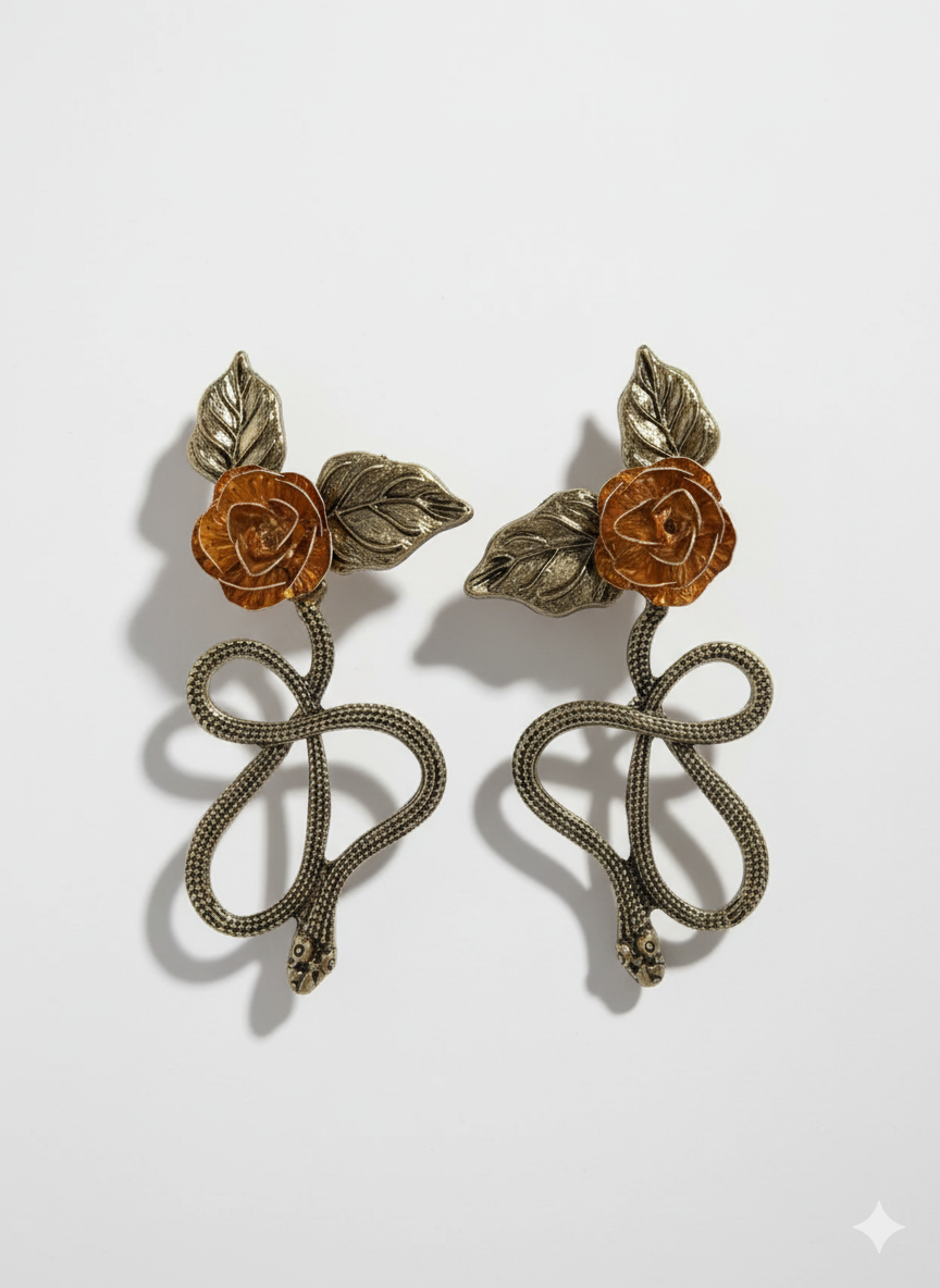 Antique Snake & Rose Drop Earrings