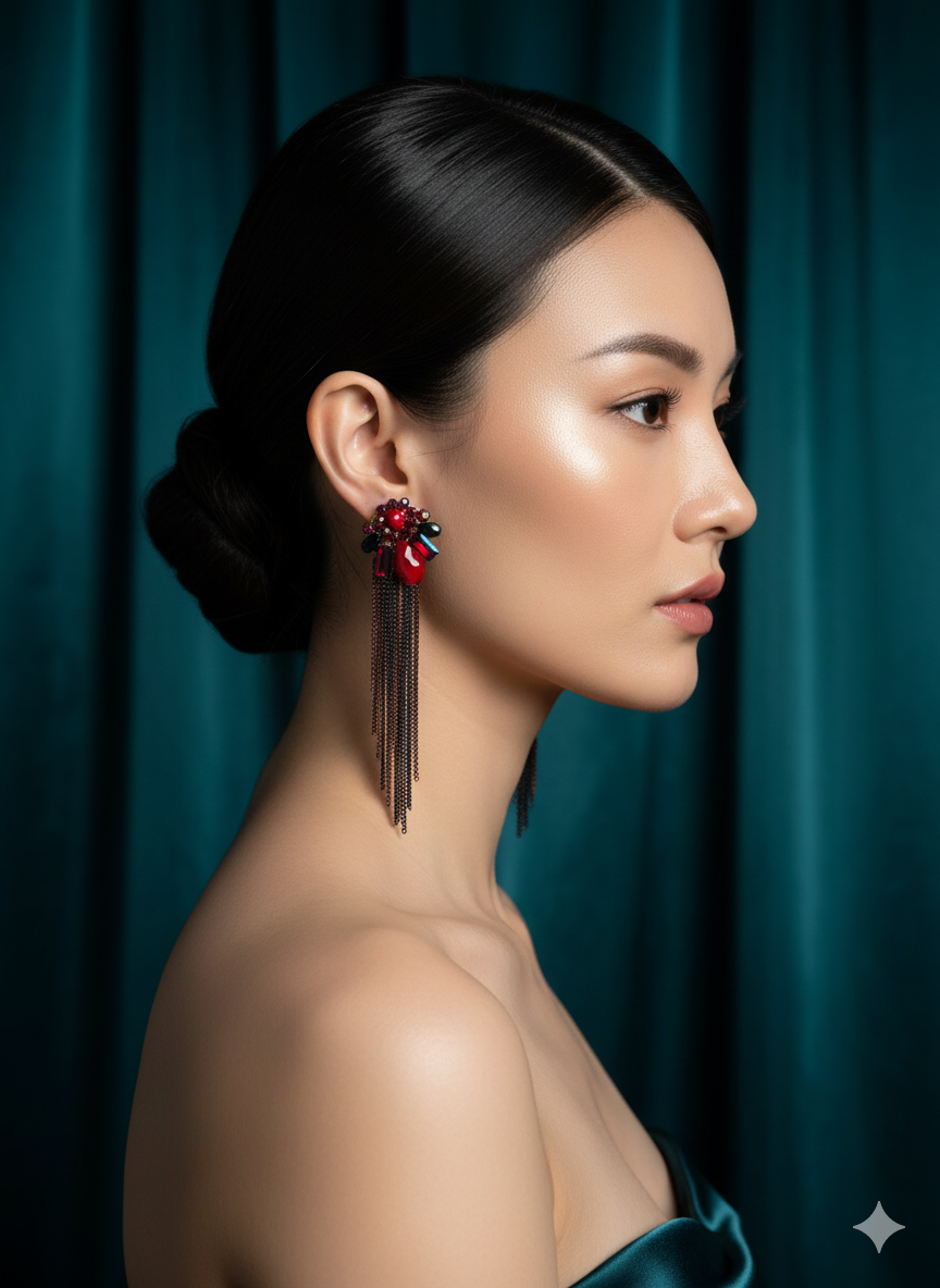 Red & Black Crystal Tassel Statement Earrings