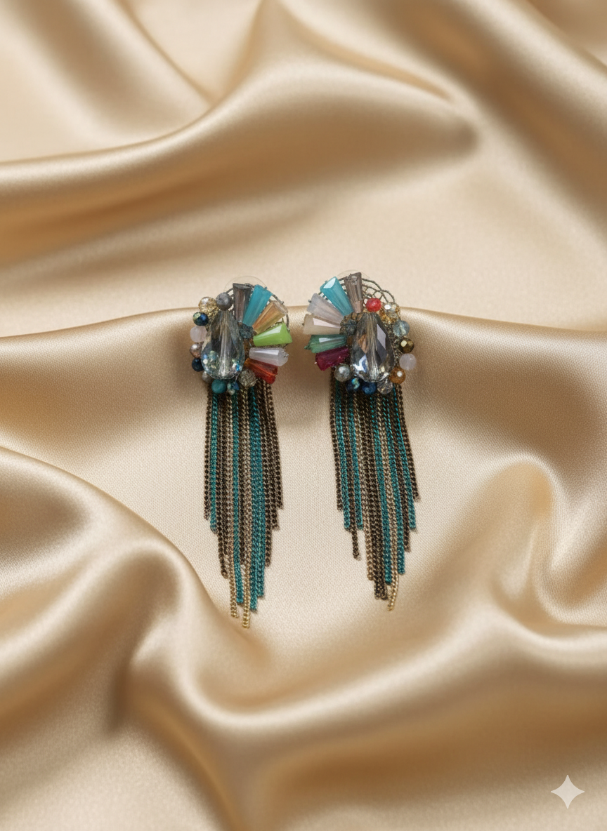 Multicolor Crystal Tassel Statement Earrings