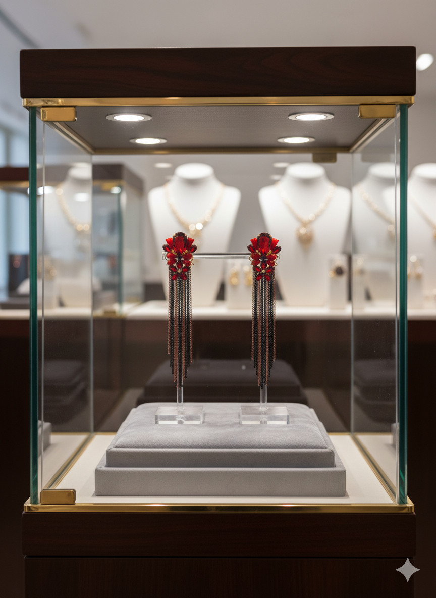 Red Crystal Tassel Statement Earrings