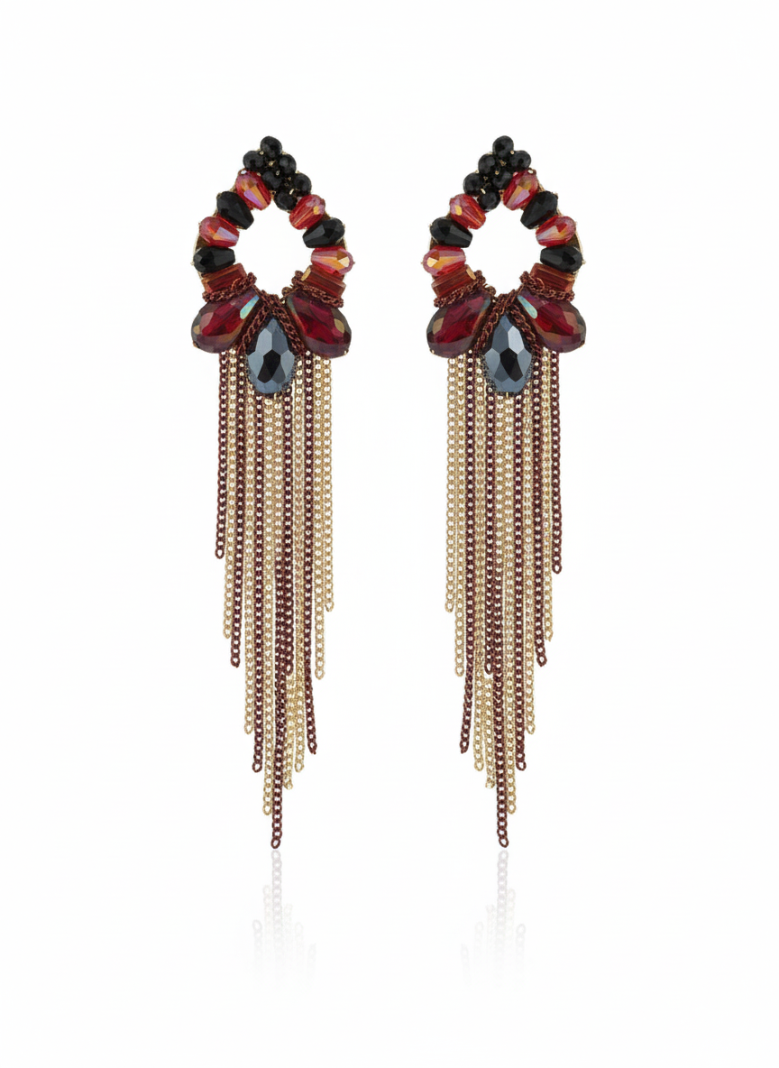 Red & Black Crystal Tassel Statement Earrings