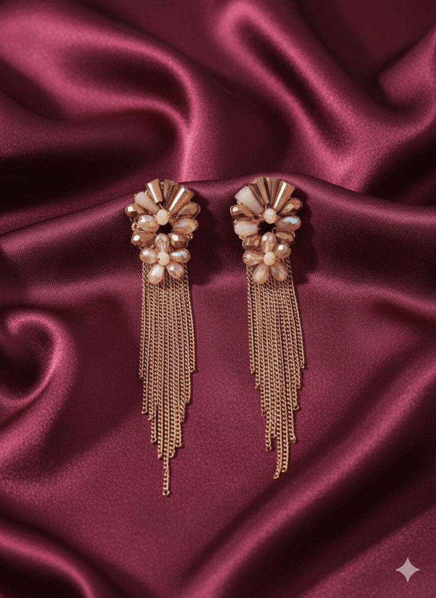 Elegant Gold and Crystal Flower Earrings with Cascading Tassels - MODA ACCESSORIES