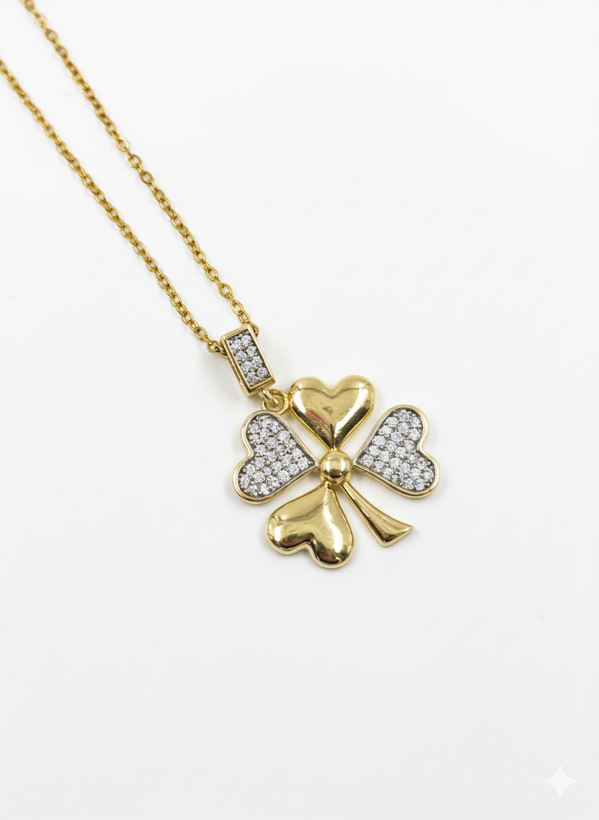Gold Four-Leaf Clover Heart Pendant Necklace – Stainless Steel | MODA Accessories