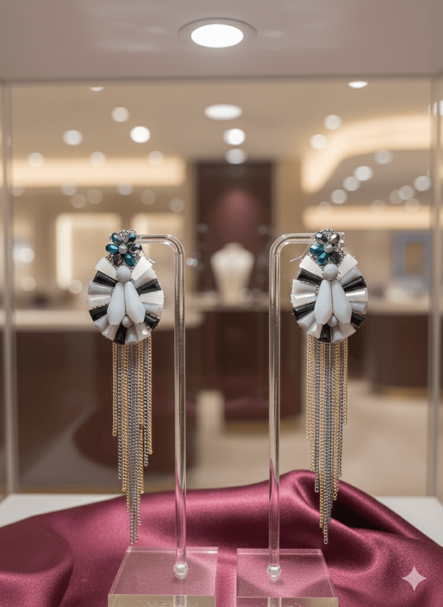 Black, Grey, and Blue Floral Earrings with Chain Tassels - MODA ACCESSORIES