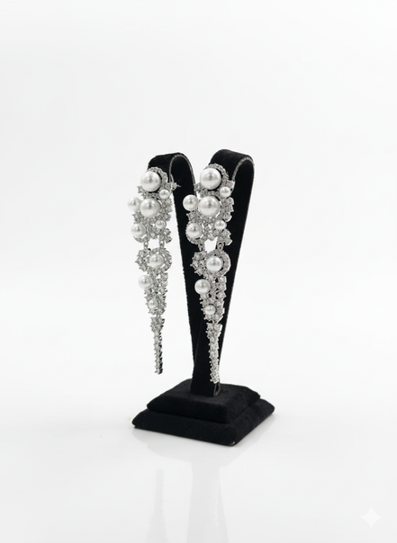 Silver Pearl & Crystal Long Drop Earrings – MODA Accessories