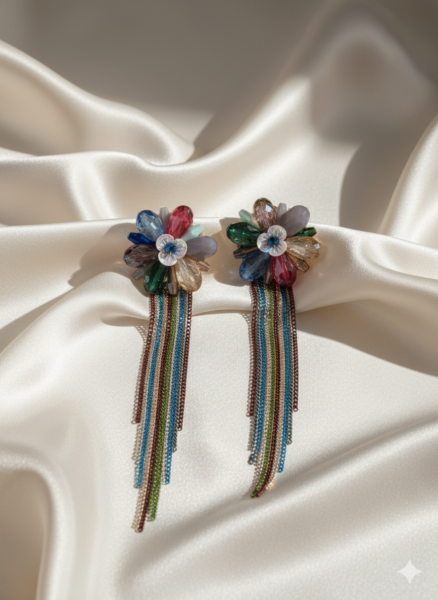 Colorful Floral Tassel Statement Earrings