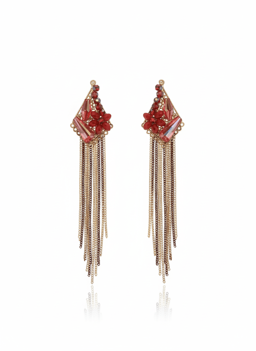 Red Floral Earrings with Geometric Design and Tassel Chains - MODA ACCESSORIES
