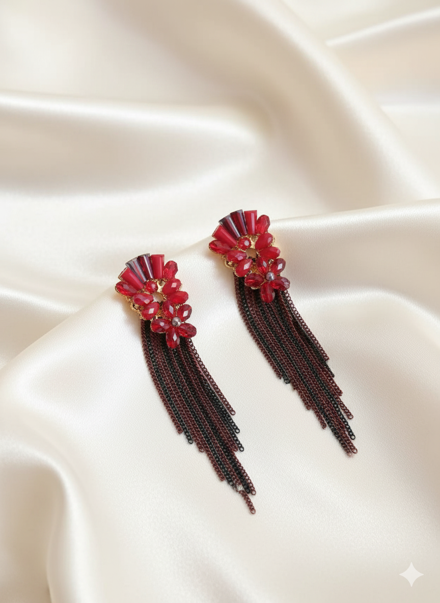 Red Crystal Tassel Statement Earrings