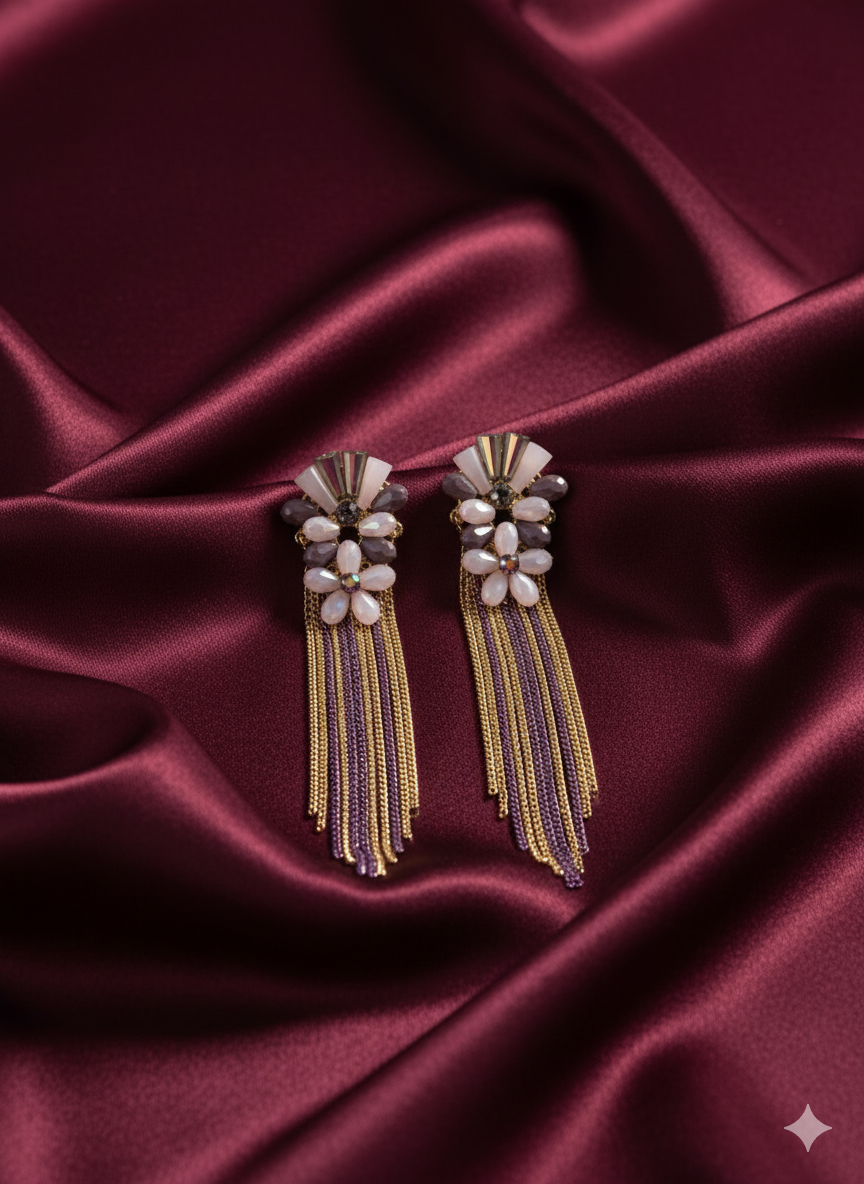 Purple & Gold Crystal Tassel Statement Earrings