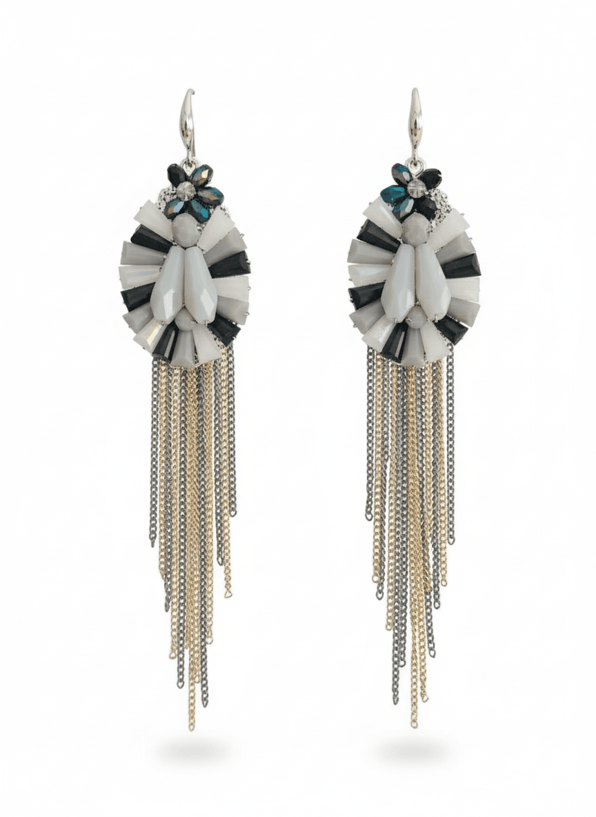 Black, Grey, and Blue Floral Earrings with Chain Tassels - MODA ACCESSORIES