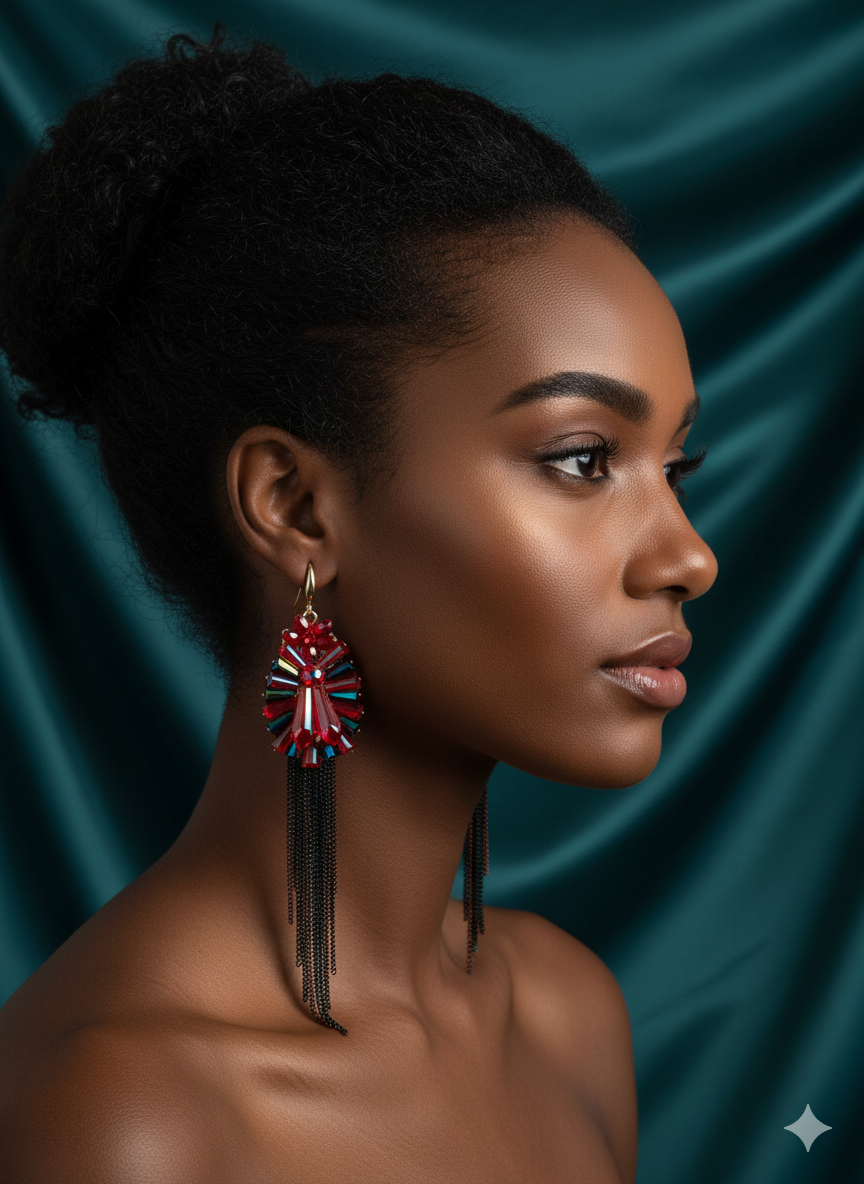 Red Crystal Oval Tassel Earrings