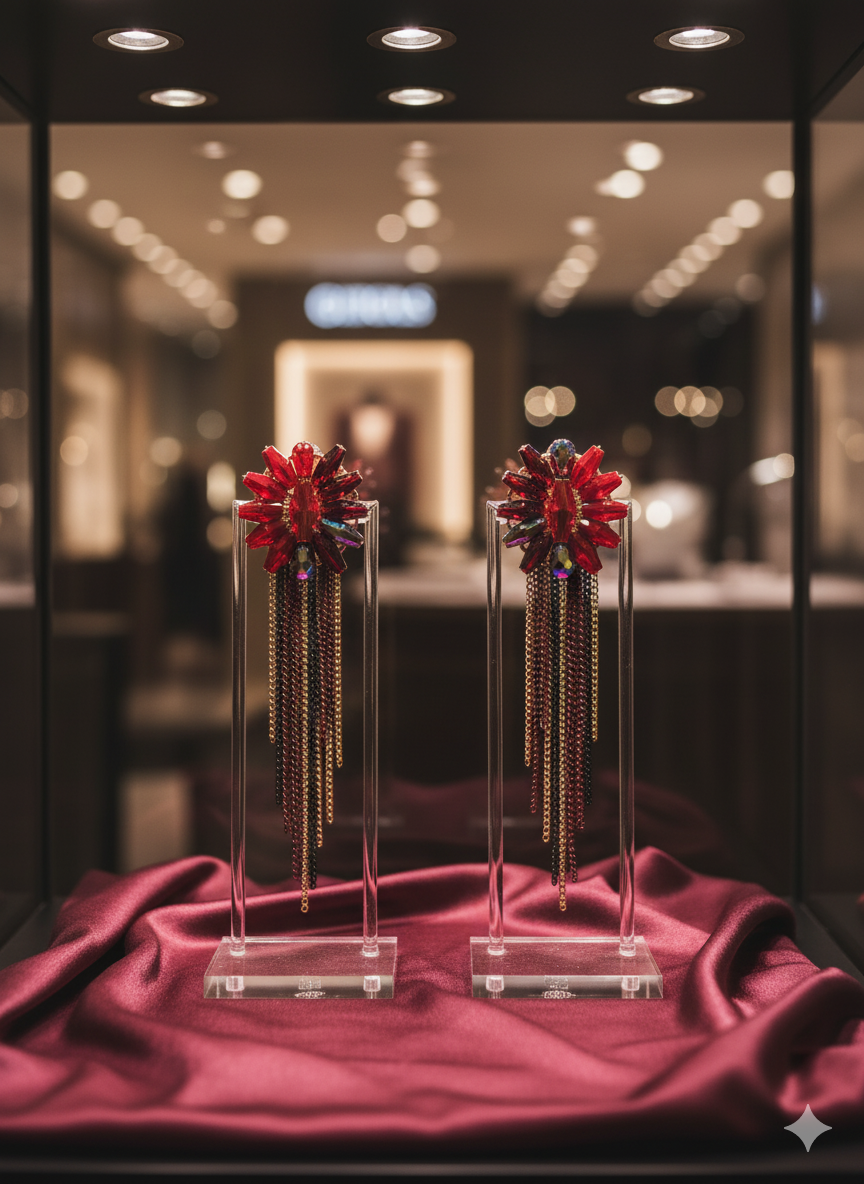 Red Gold Crystal Tassel Earrings – Handmade Statement Dangle Earrings for Women
