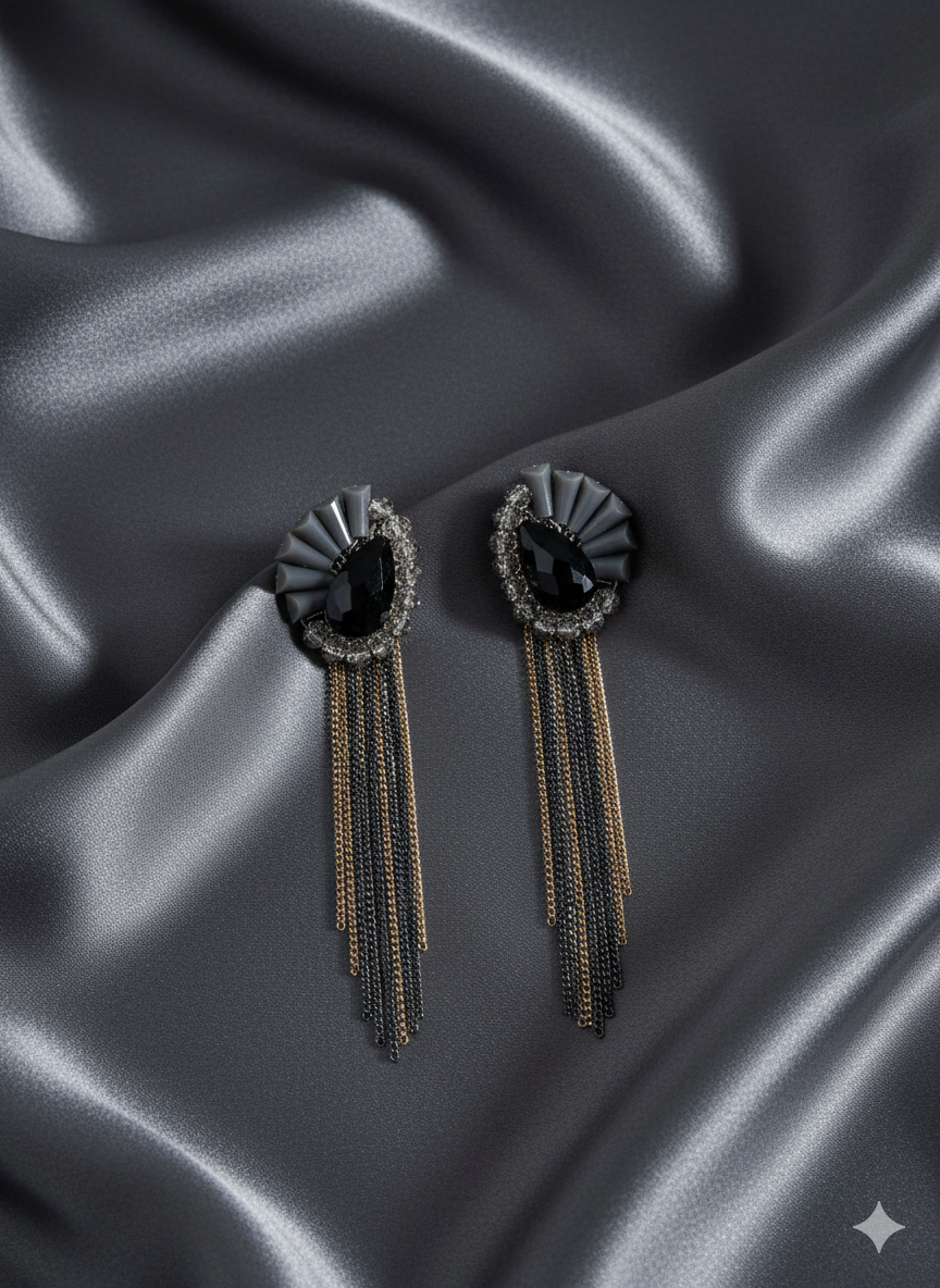 Black Crystal Fan Tassel Earrings