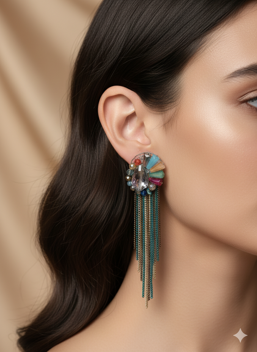 Multicolor Crystal Tassel Statement Earrings