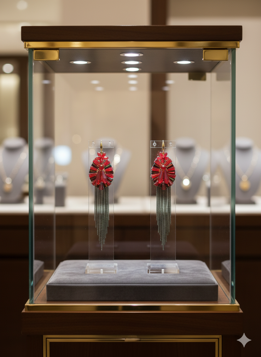 Red Crystal Oval Tassel Earrings